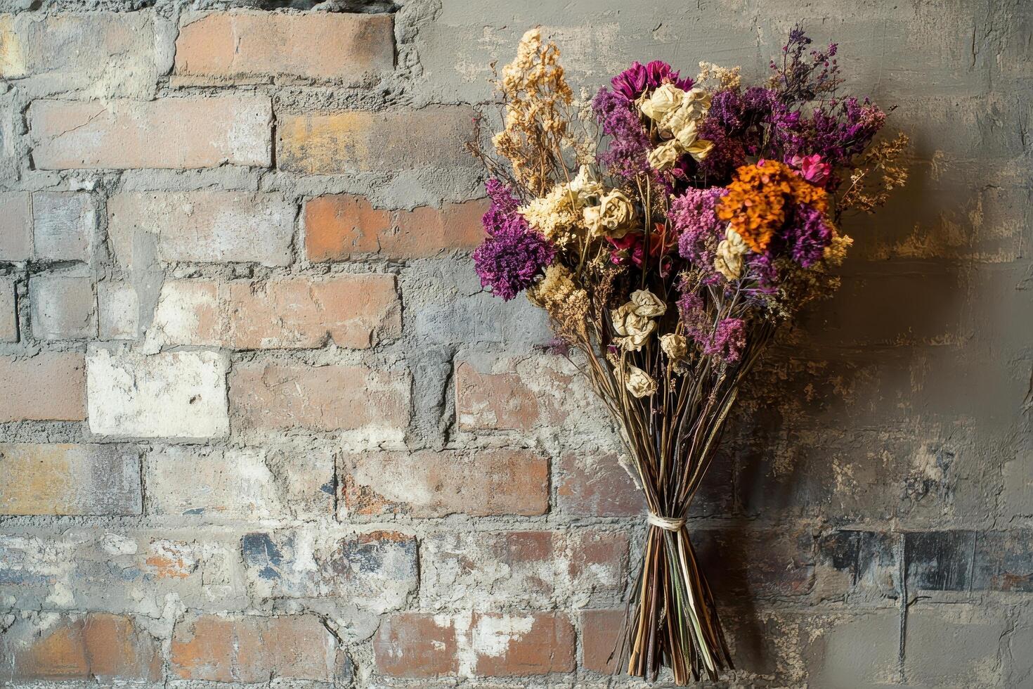 Dried Flower Bouquet Against Brick Wall photo