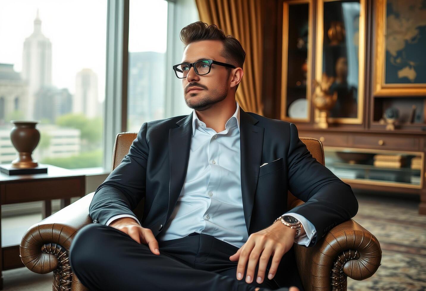 A well-dressed man seated in a leather armchair, looking thoughtfully out a window photo