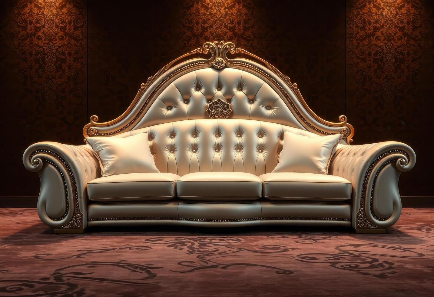Ornate Gold and White Sofa with Button Tufted Upholstery photo
