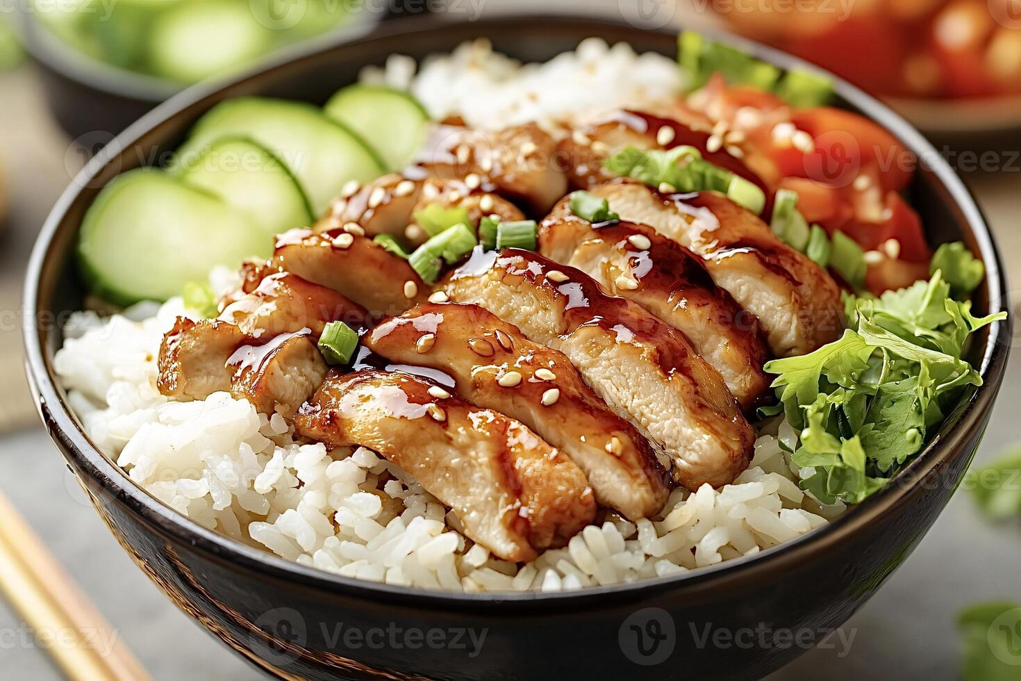 A bowl of rice with chicken and vegetables photo