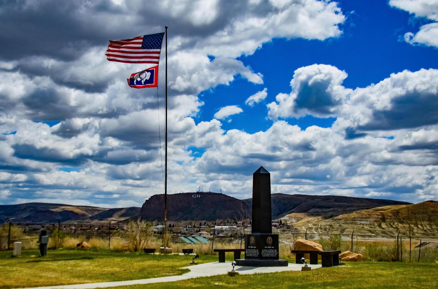 USA, Wyoming - 06 MAY 2018 - Flag of United States and Wyoming State, US photo