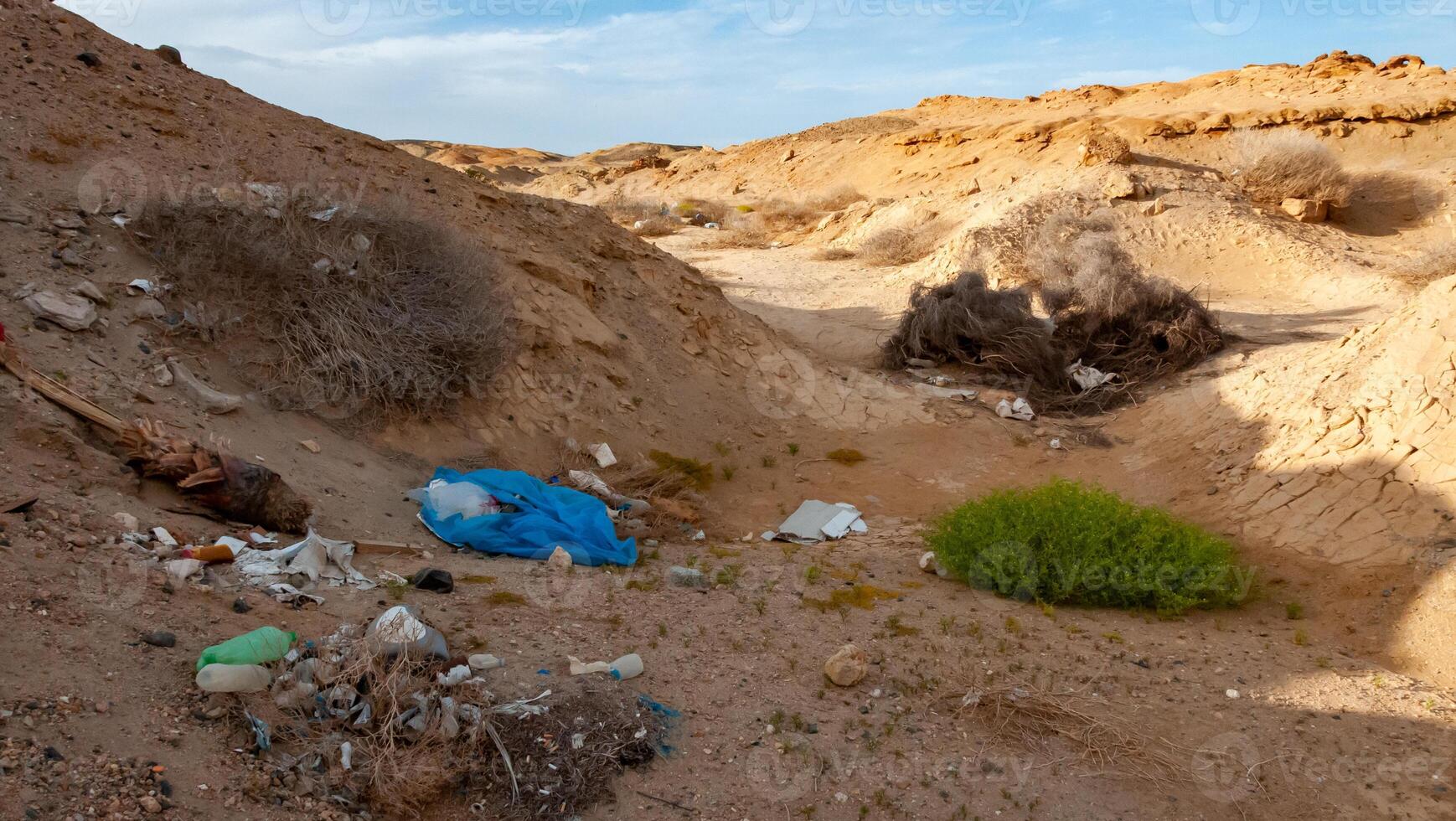 Plastic bottles and various garbage from hotels in the wild, Garbage dump in the desert in Egypt photo
