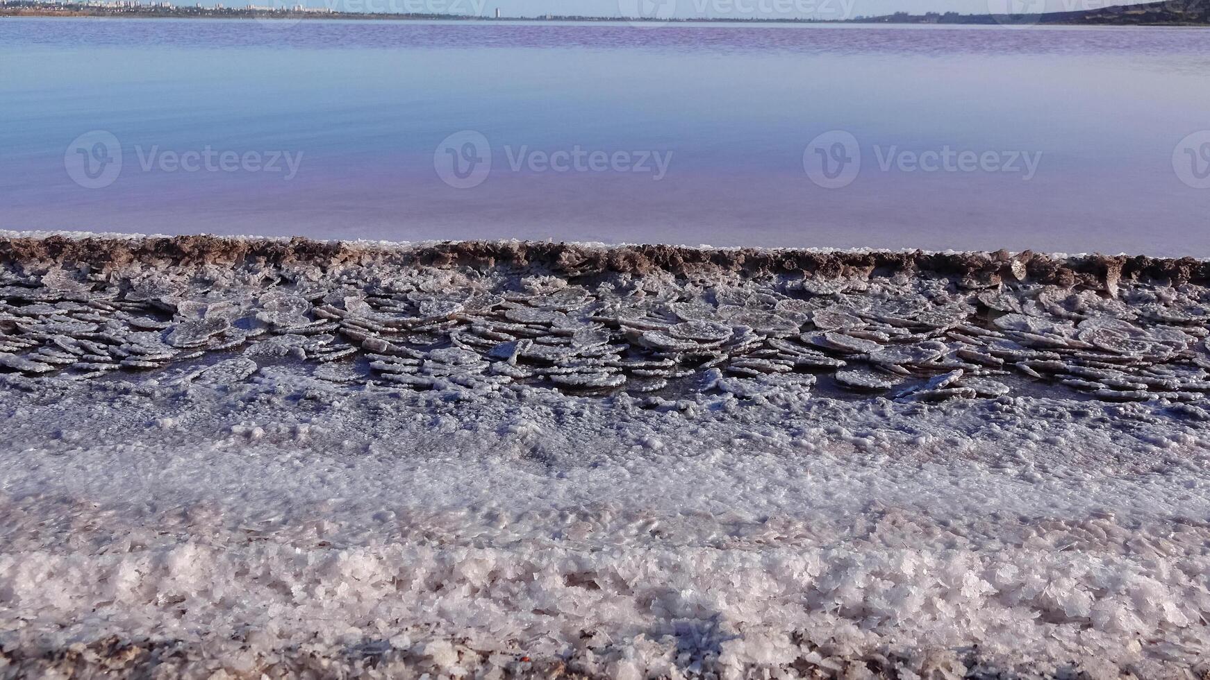 Kuyalnik estuary, Black Sea. Table salt in the form of round pancakes at the bottom and the bank of the estuary. Table salt crystals photo