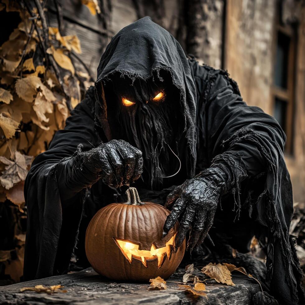 A grim looking person with a pumpkin carving photo