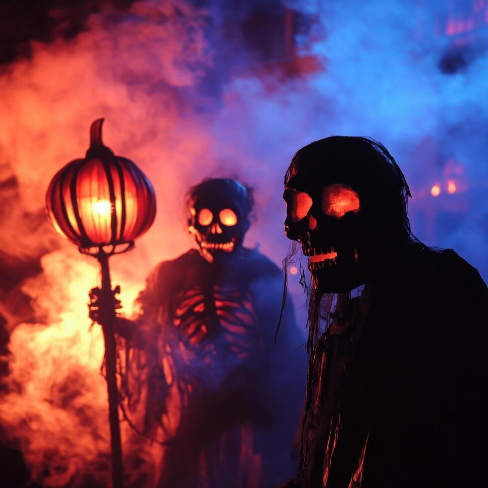 Two people in halloween costumes with smoke coming out of their mouths photo