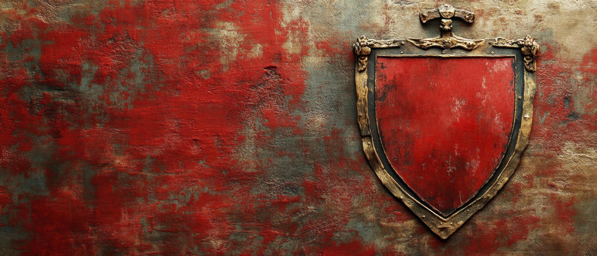 A red shield on a wall with a red background photo
