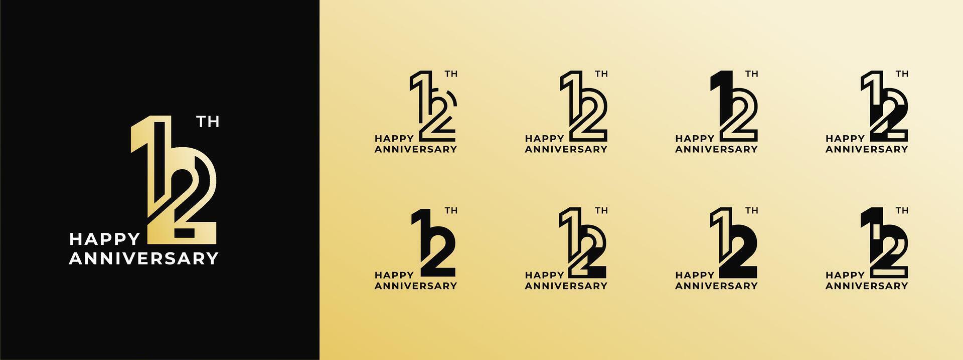 Logo 12th, 11th-19th, 11-19 years happy anniversary, Creative design template for celebration, birthday, greeting and invitation. Editable file vector