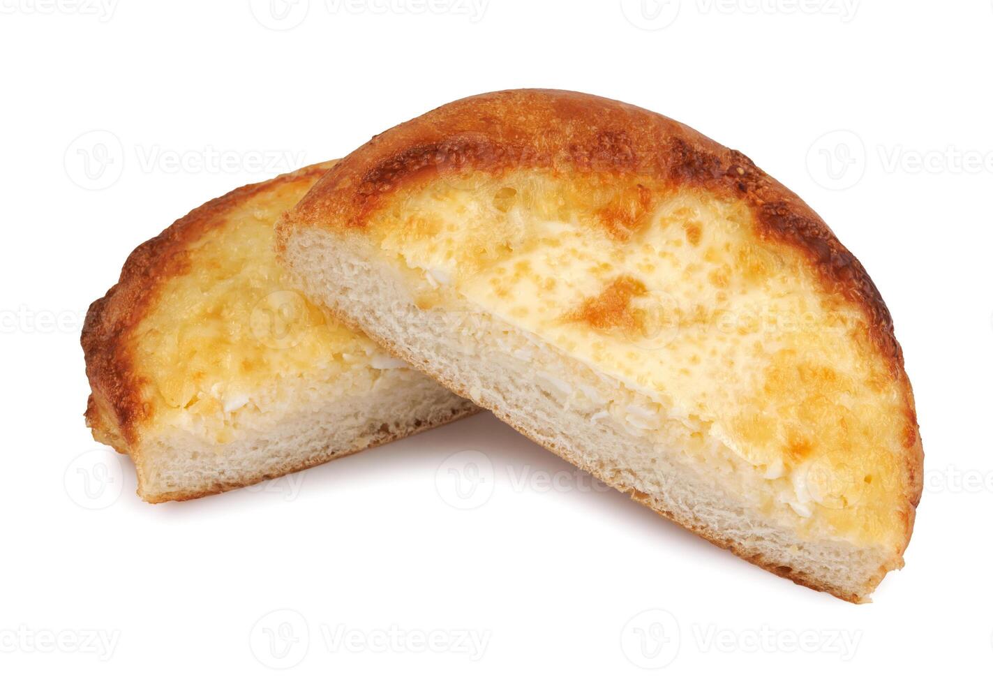 Khachapuri. Bun with cheese cut in half isolated on white background. photo
