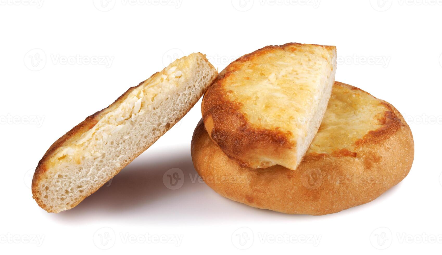 Khachapuri. Cut in half and whole bun with cheese isolated on white background.Cheese pie. photo