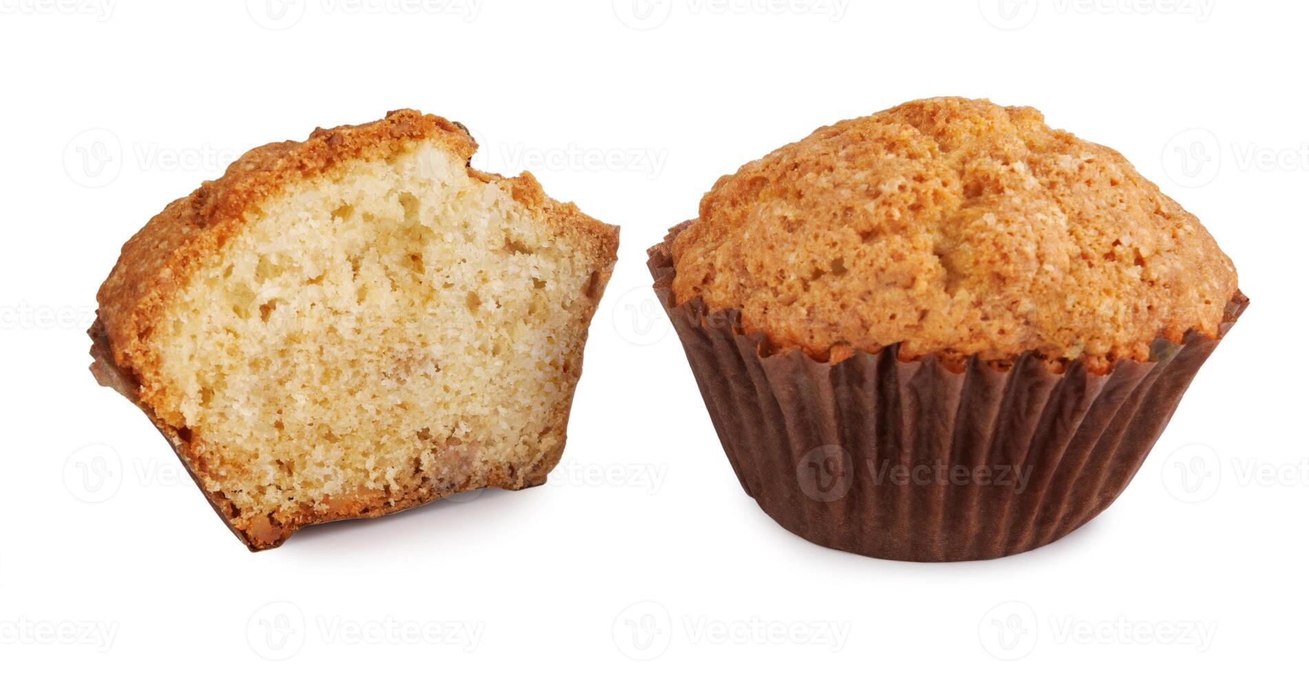 Whole and half muffin isolated on white background. photo