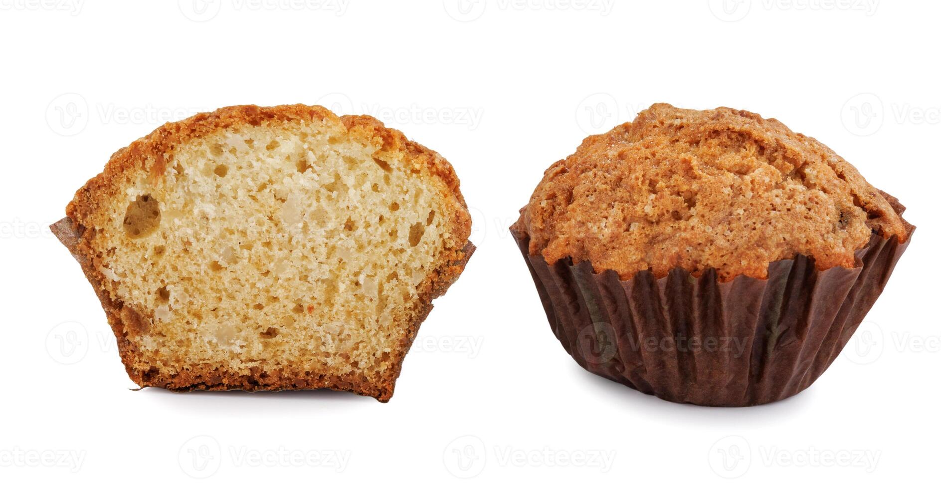 Whole and half muffin isolated on white background. photo