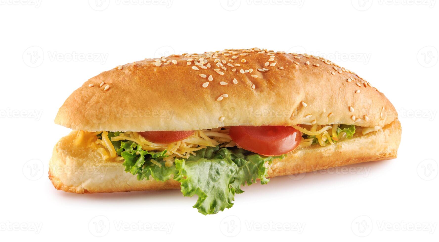 Cheeseburger, delicious cheeseburger with cheese, tomato, burger for fast food menu isolated on white background photo