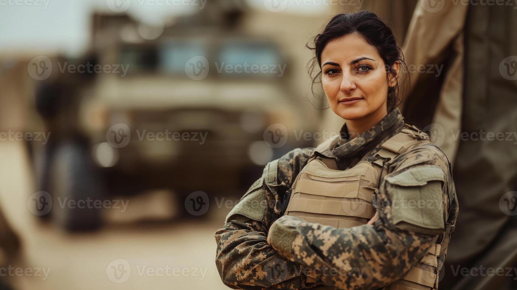 Confident Female Soldier in Military Gear with Armored Vehicle, Desert Background, Stock Image for Defense, Security, and Empowerment Concepts photo