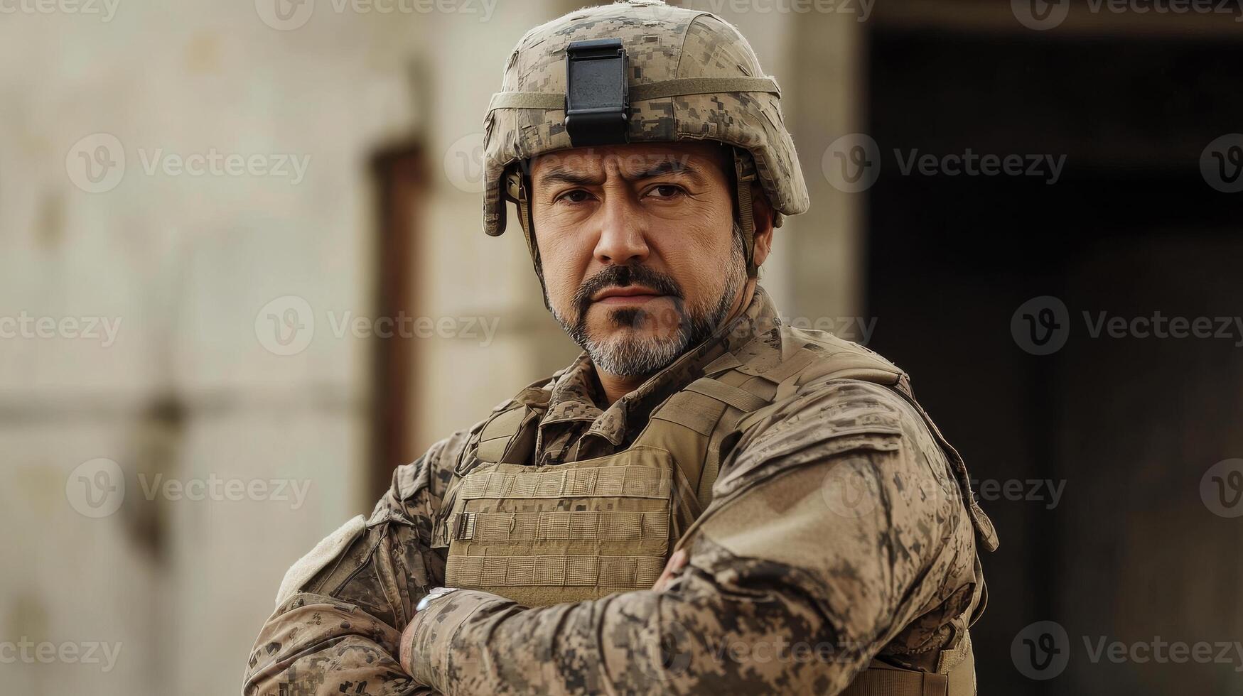 Confident Military Officer in Full Combat Gear, Portrait of Determined Soldier, Serious Expression photo