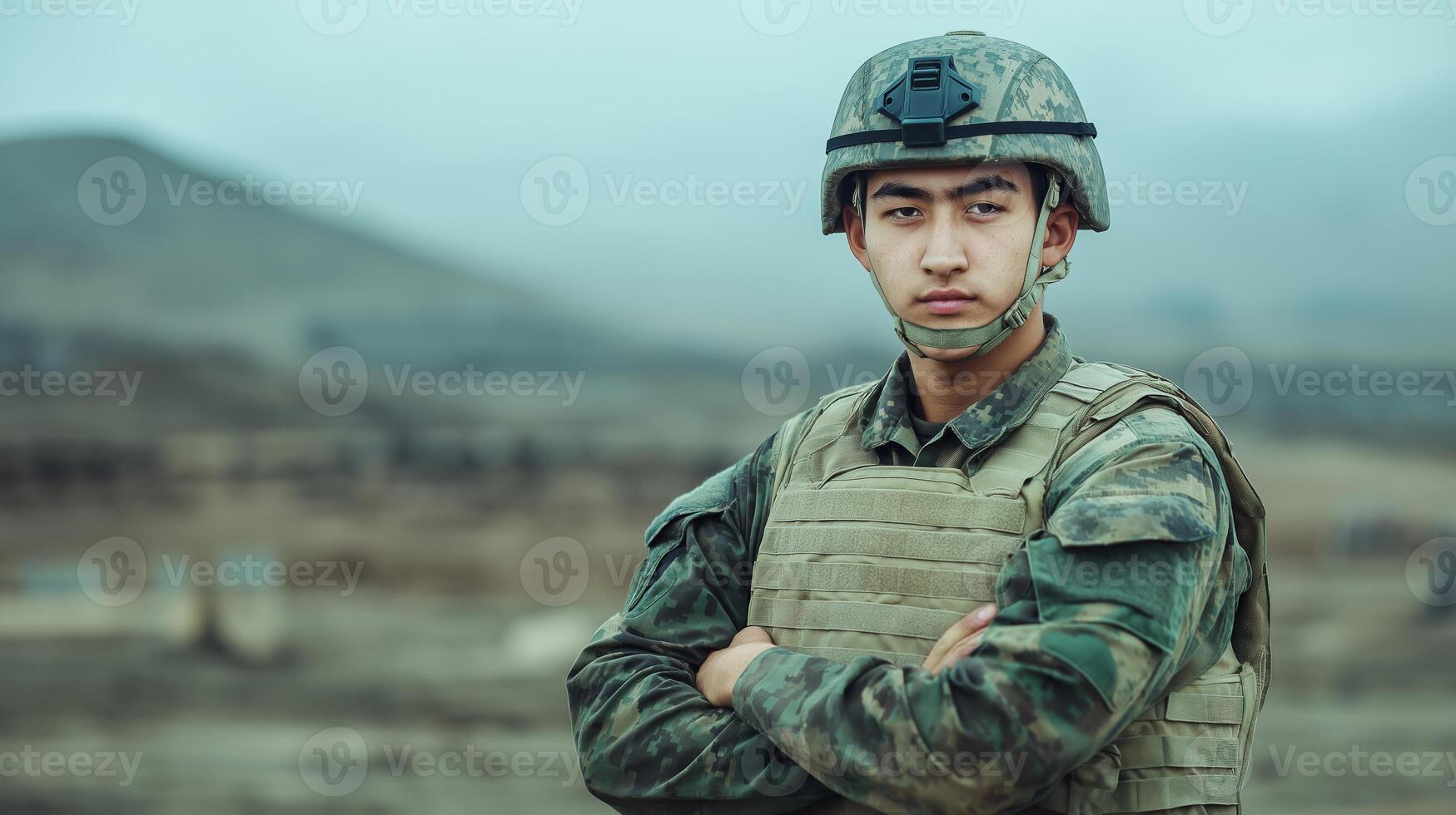 Young Central Asian Soldier in Combat Gear Standing Firm in a Serene Landscape, Military Strength, and Diversity photo