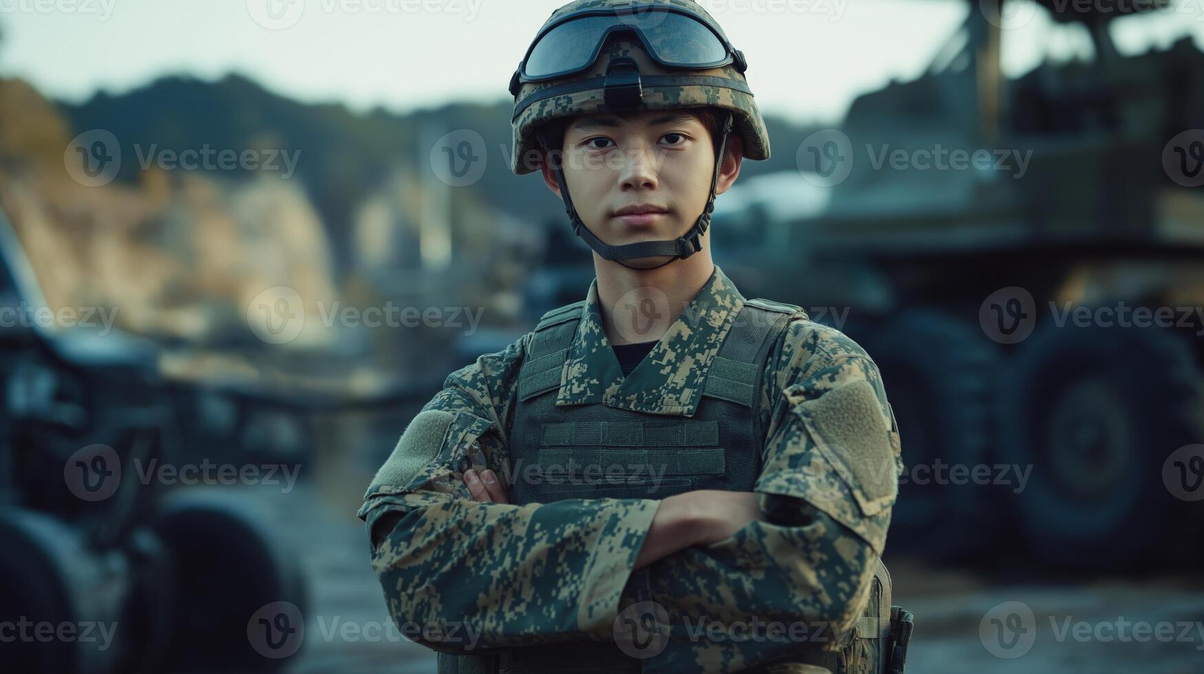 Confident Young Japanese Soldier in Military Uniform, Outdoors, Ideal for Recruitment Posters photo