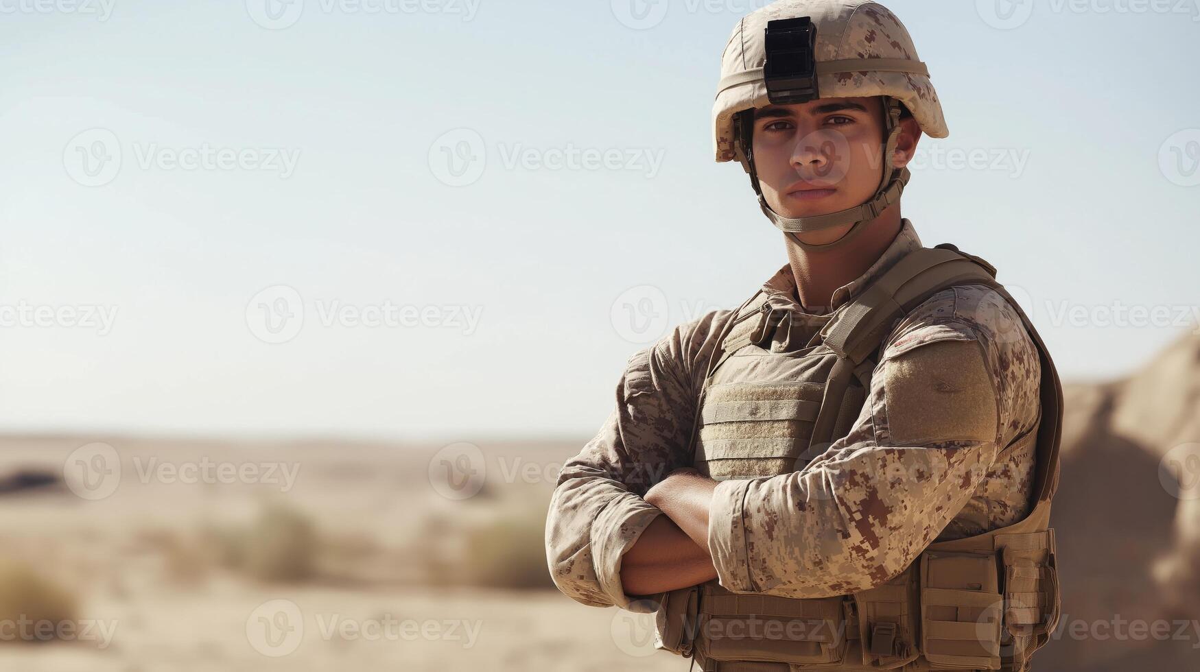Confident Modern Soldier in Desert Terrain, Wearing Military Uniform and Helmet, Emphasizing Strength and Determination photo