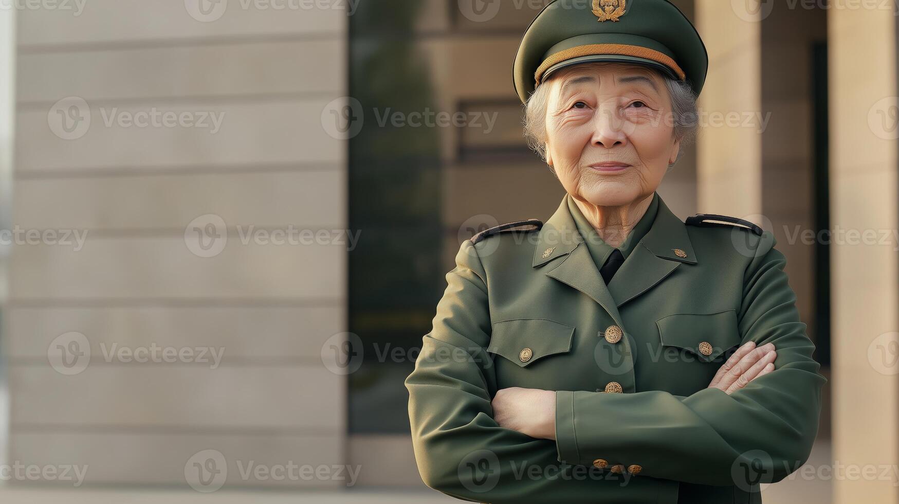 Proud Senior Central Asian Woman in Military Uniform Posing Outdoors, Cultural Diversity and Strength Concept for Poster and Print Design photo