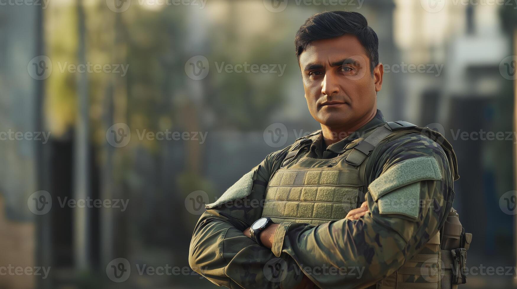 Confident Indian MiddleAged Soldier Standing Firm in Camouflage Uniform, Showcasing Strength and Determination photo