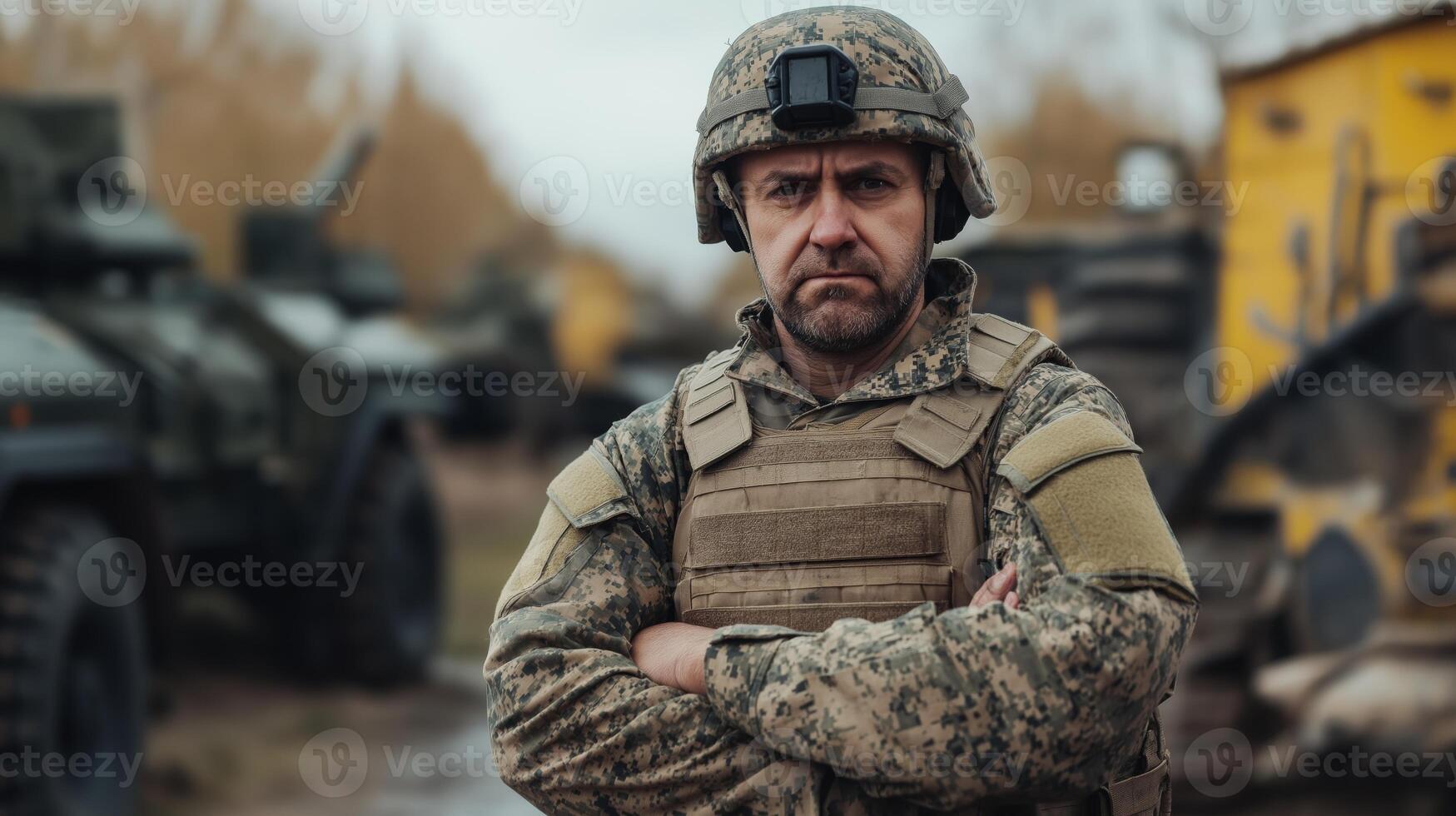 Military Soldier in Full Gear Amidst Armored Vehicles in Autumn Landscape for Defense Illustrations and Print Designs photo