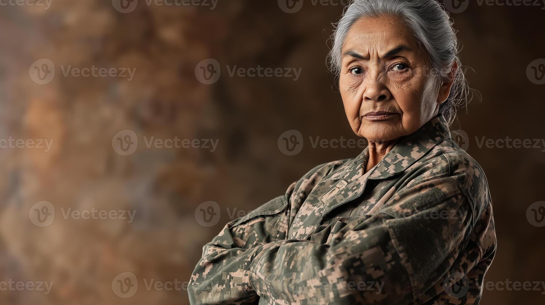 Elderly Female Pacific Islander in Military Uniform with Determined Expression, Medium CloseUp on Brown Background photo