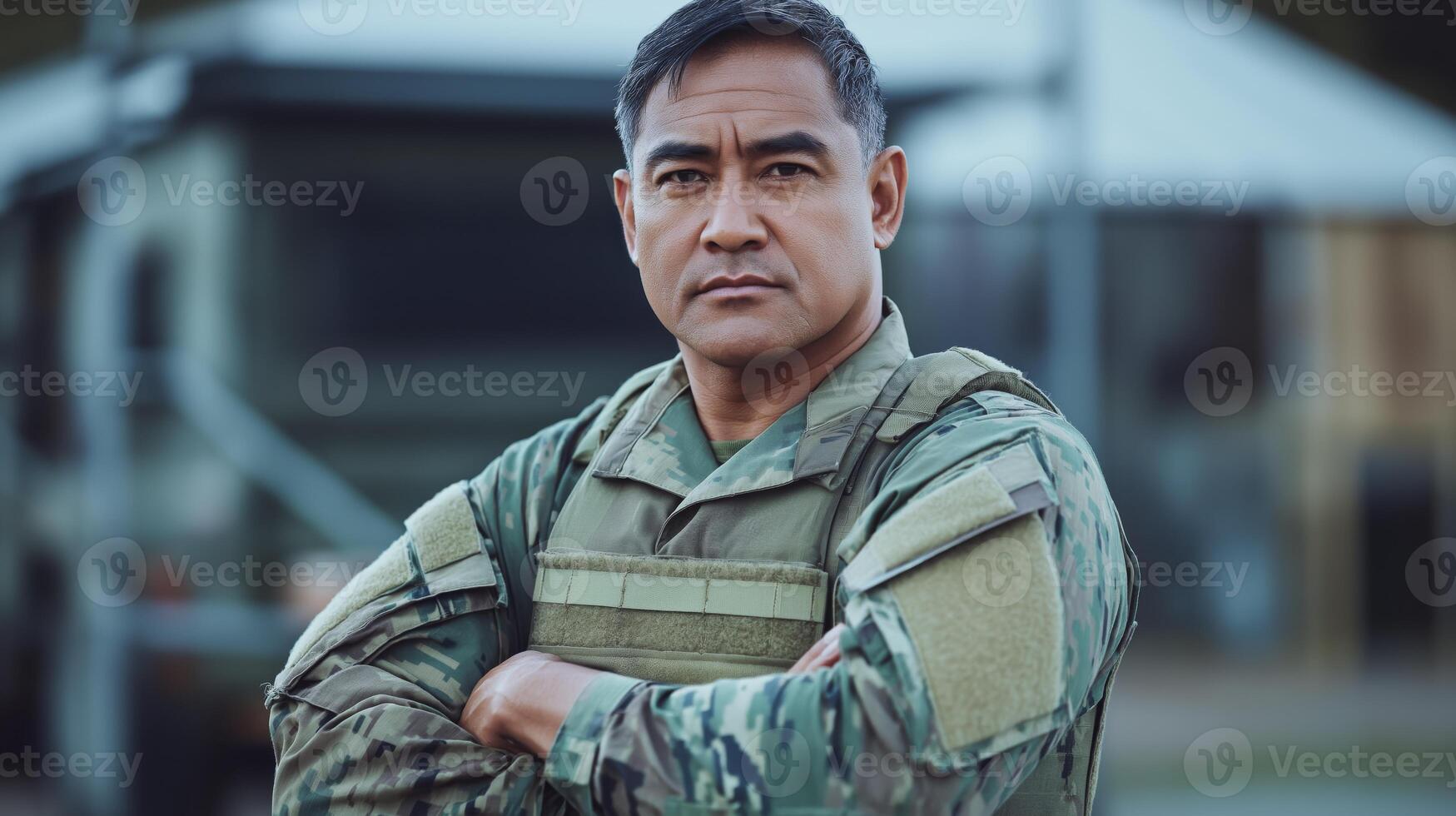 Strong Pacific Islander Soldier in Military Gear Standing Outdoors, Determined Confident Look, Military Base Background, Defense and Service Concept photo