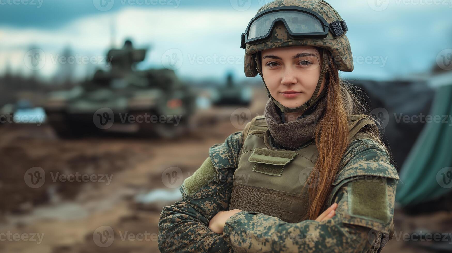 Confident Young Female Russian Soldier Standing with Arms Crossed, Military Training Camp, Tanks in Background, Outdoor Military Scene photo