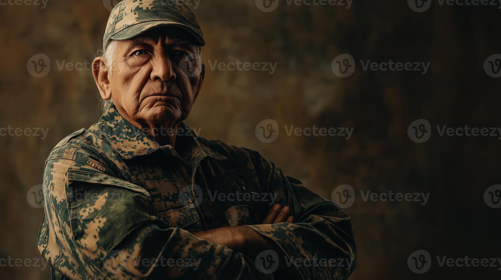 Elderly Veteran with Determined Expression in Military Uniform Against Rustic Background photo