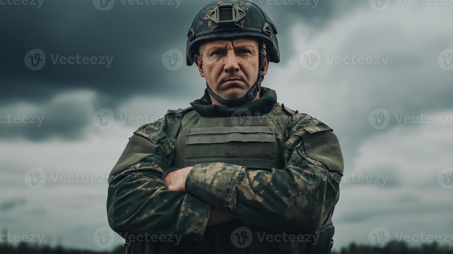 Stoic MiddleAged Military Soldier in Camo Gear, Outdoor Setting Under Stormy Sky for Defense and Recruitment Concepts photo