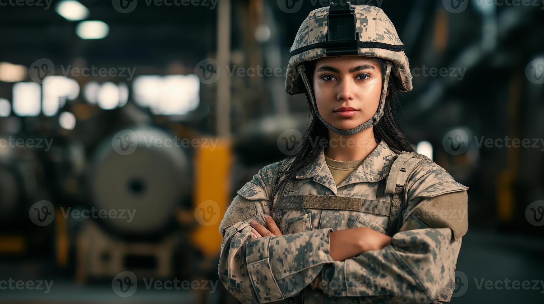 Confident Female Soldier in Military Uniform Standing in Industrial Setting, Displaying Strength and Determination photo