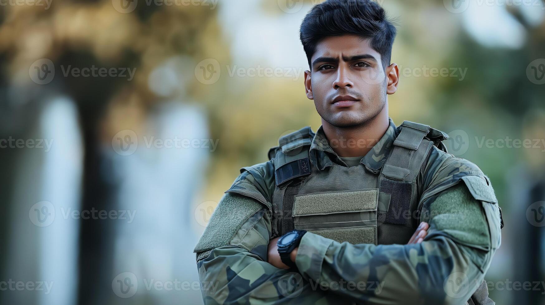 Proud Indian Soldier In Military Uniform Standing Outdoors in Nature, Reflecting Strength and Confidence photo