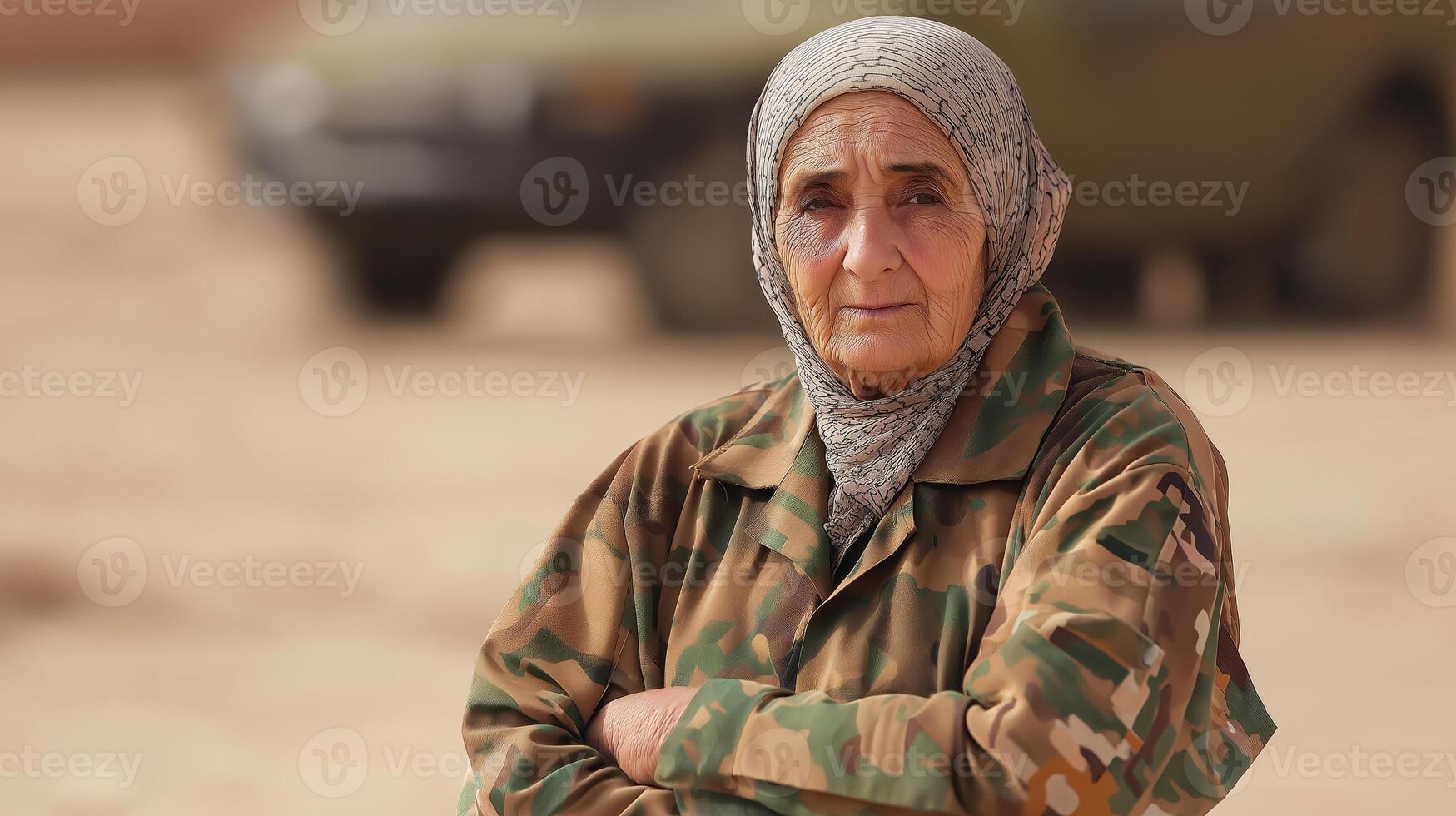 Middle Eastern Elderly Woman in Military Attire, Outdoor Background, Diverse Representation for Editorial and Documentary Use photo