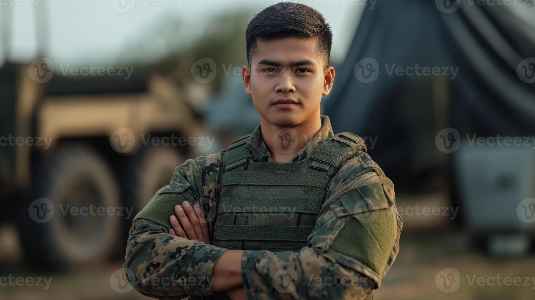 Young Filipino Male Soldier in Military Uniform Standing Confidently Outdoors Patriotic and Professional Representation photo