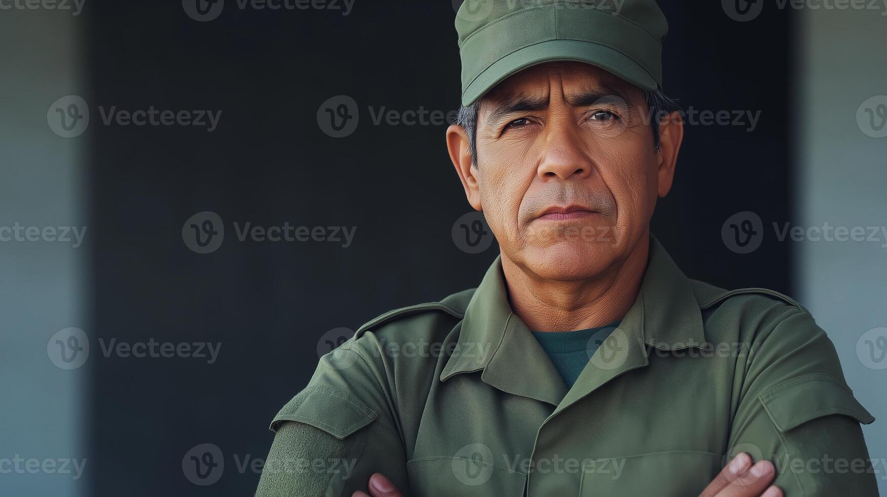 Mature Military Veteran in Uniform, Arms Crossed, Portrays Strength and Leadership in Dark Background Setting photo