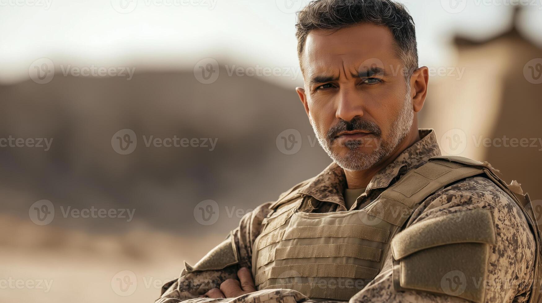 Middle Aged Middle Eastern Man in Military Uniform, Desert Landscape, Professional Portrait for Print, Card, Poster photo