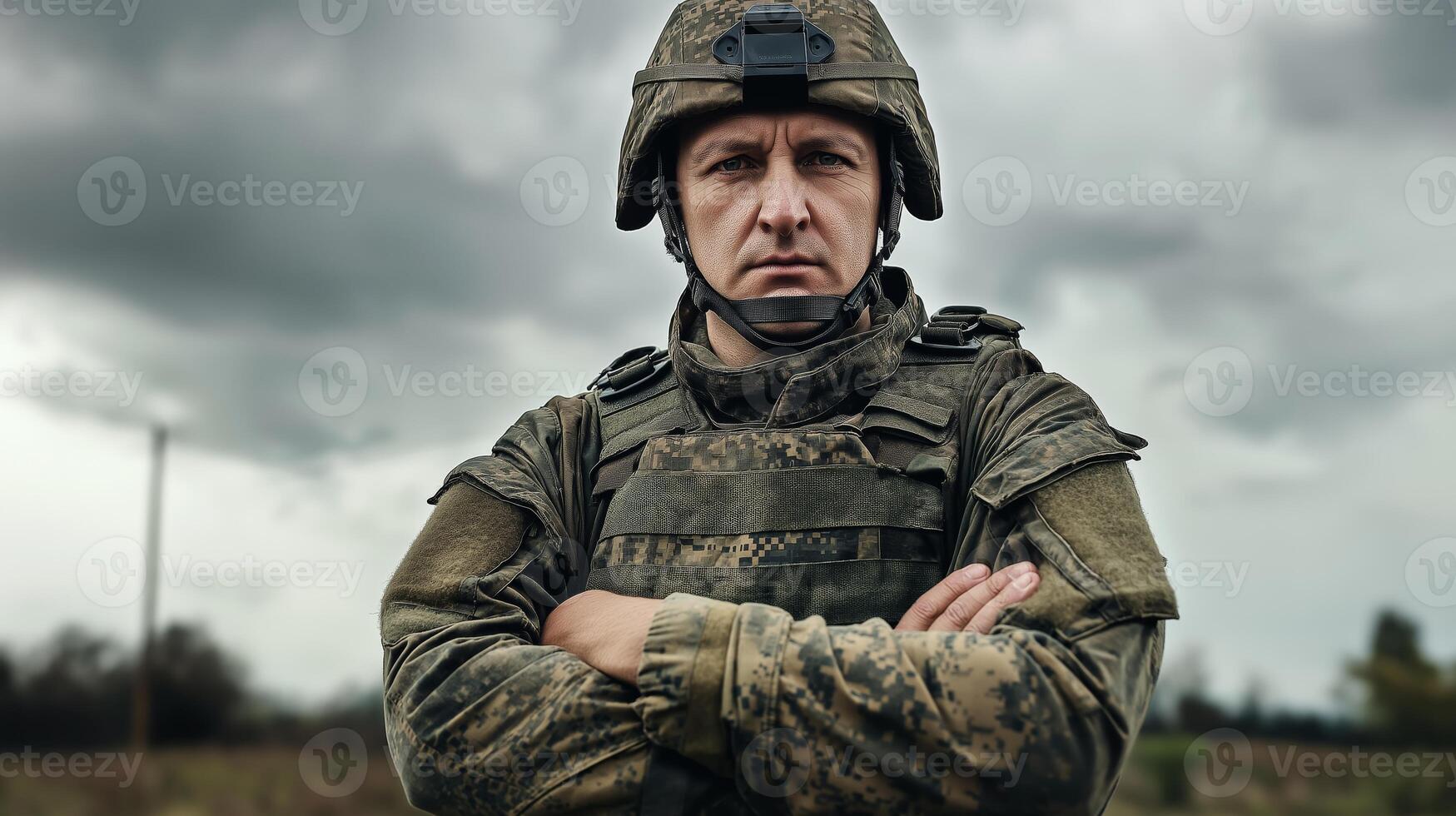 Polish MiddleAged Soldier in Military Uniform Standing with Arms Crossed During Overcast Day, Suitable for Defense and Security Themes photo