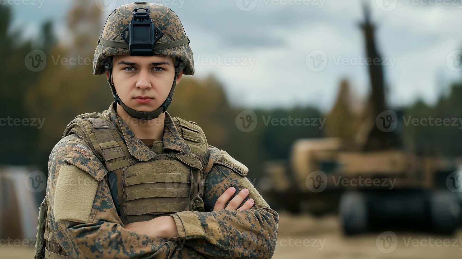Young Male Soldier in Military Gear at Outdoor Training Ground, Army Training, Stands Confidently with Armored Vehicle in Background photo