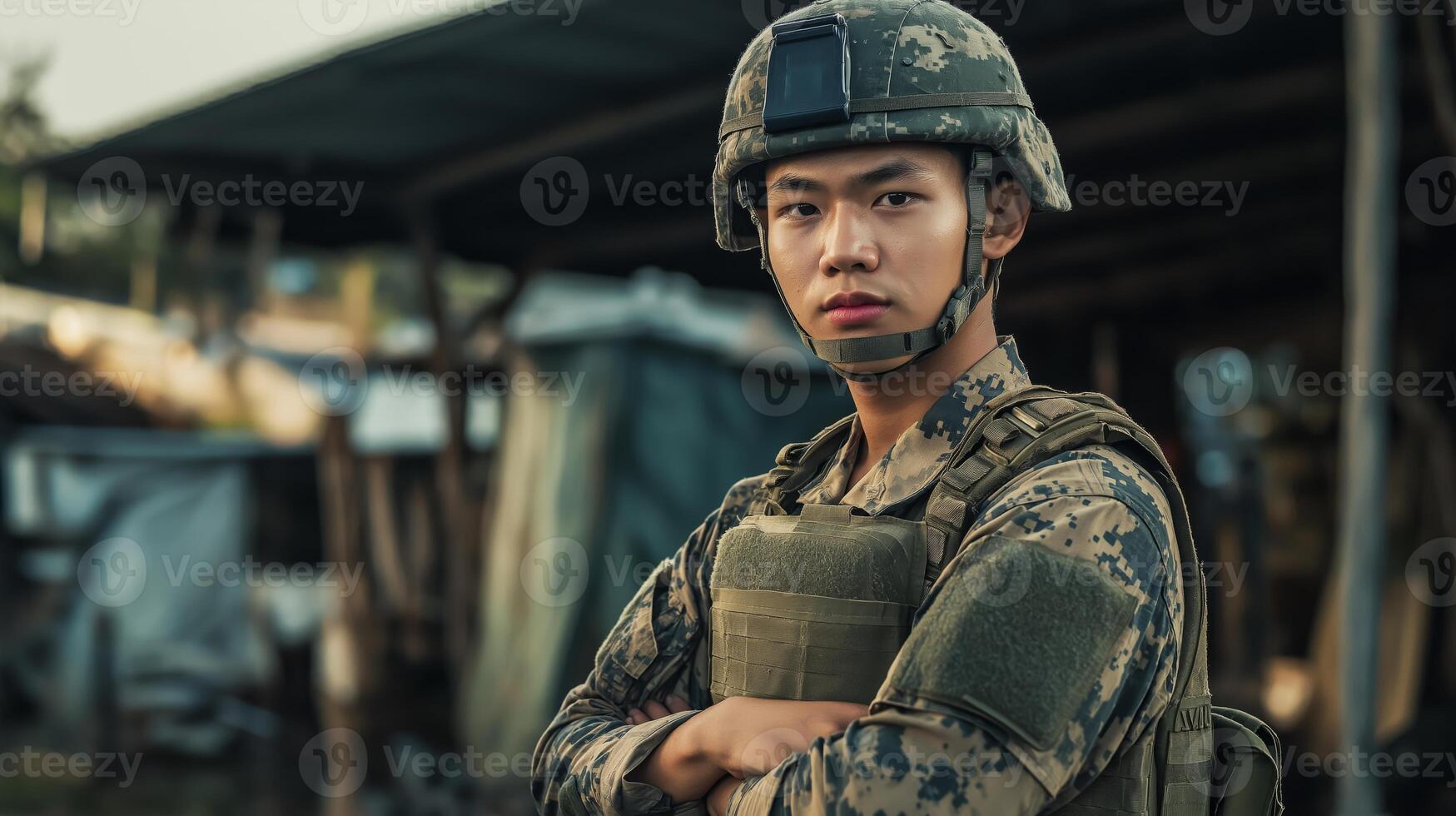 Confident Young Thai Soldier in Military Gear Standing at Outdoor Base for Security and Defense photo