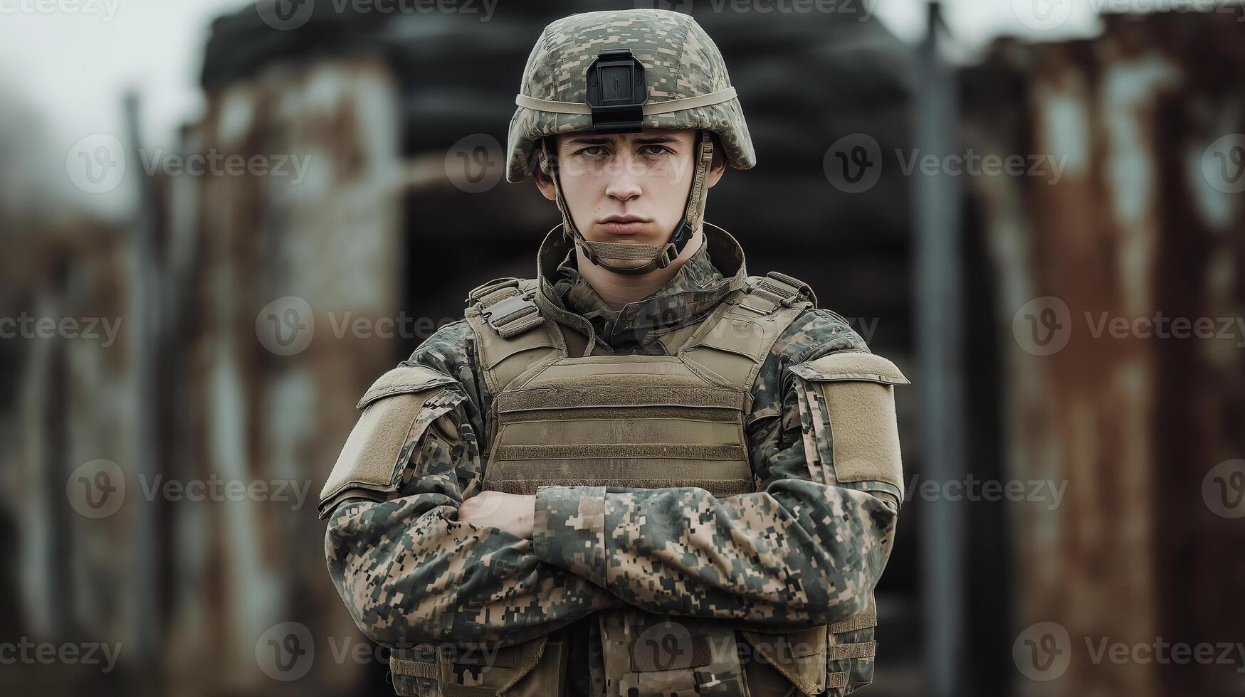 Confident Eastern European Soldier Standing Guard in Tactical Gear, Military Uniform, and Protective Helmet Outside Rusted Structures photo