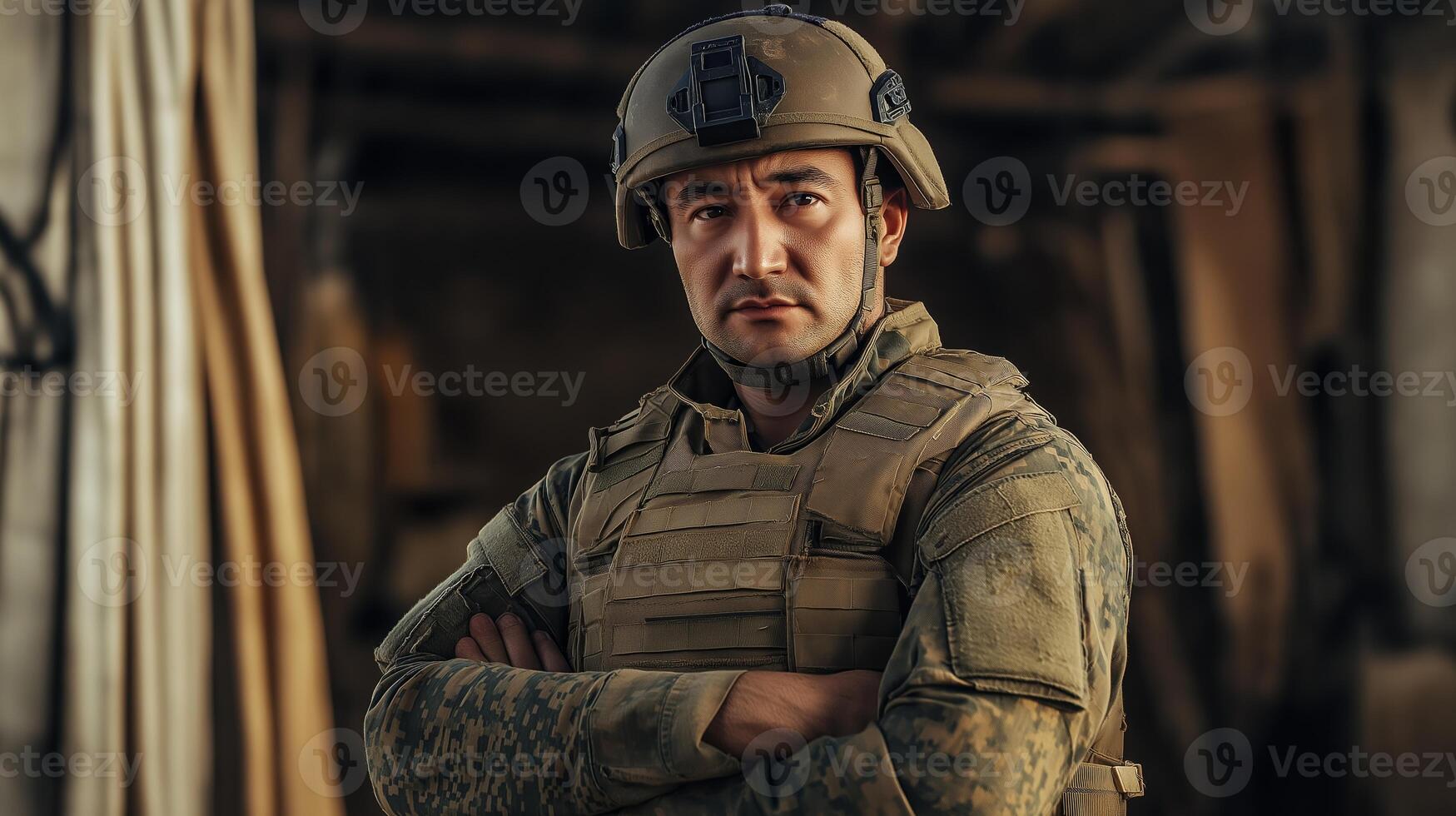 Central Asian Male Soldier in Combat Gear Stands Firm with Arms Crossed, Representing Resilience and Strength, Military Portrait photo