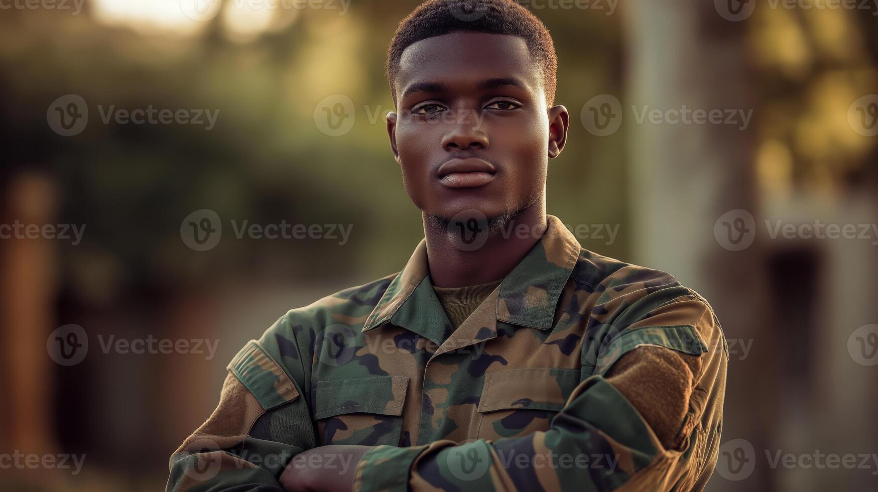 Confident Young African Man in Military Uniform Outdoors with Arms Crossed Representation of Strength and Resolve photo