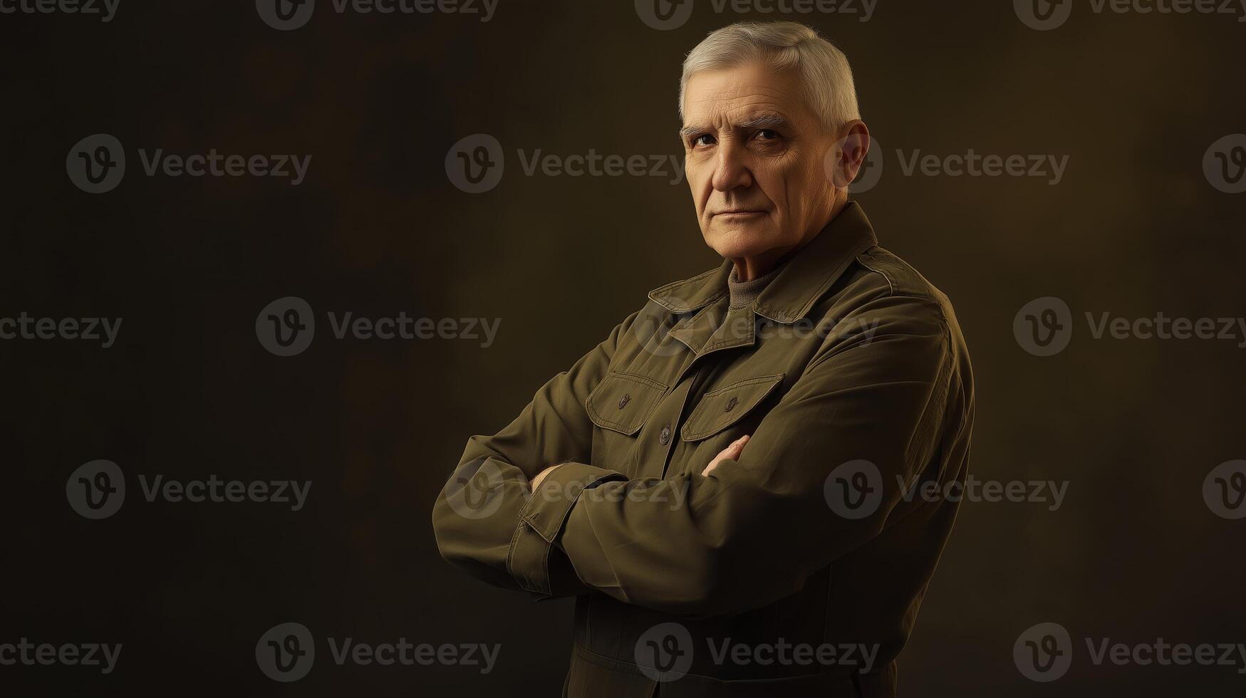 Elderly Male Soldier with Crossed Arms in Military Uniform, Portrait for Veteran Tribute and Military Service Recognition photo