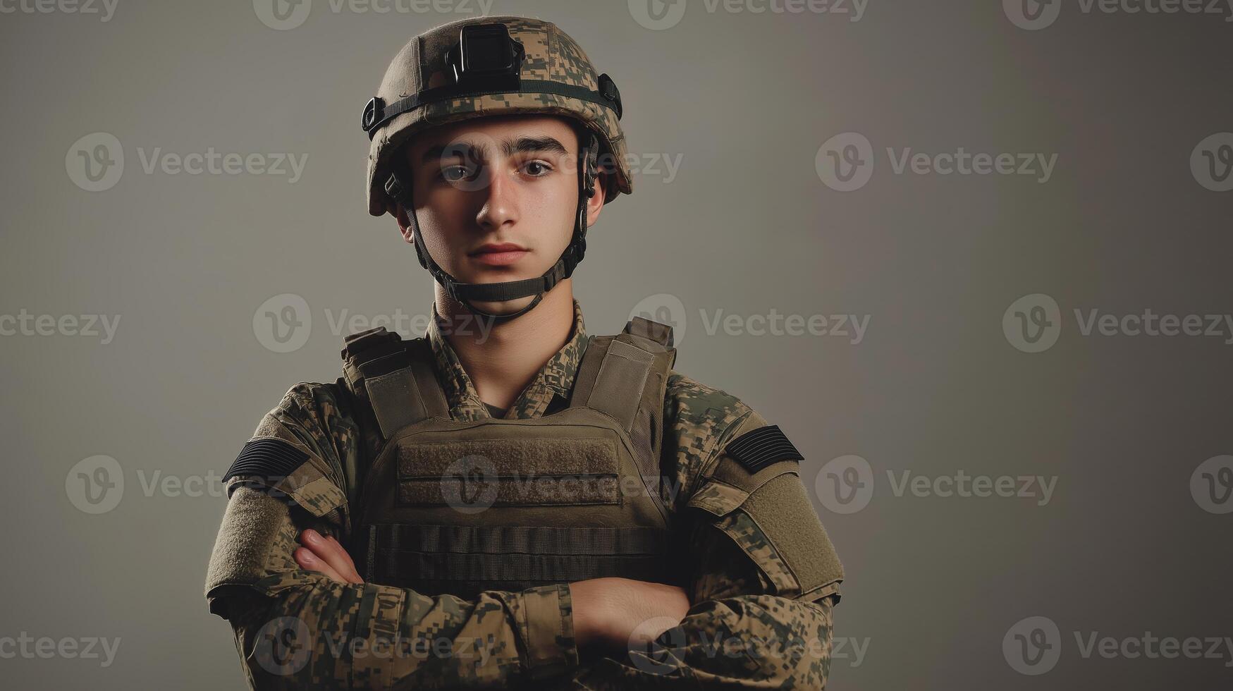 Portrait of a Confident Young Southern European Male Soldier in Tactical Gear for Military and Defense Themes photo