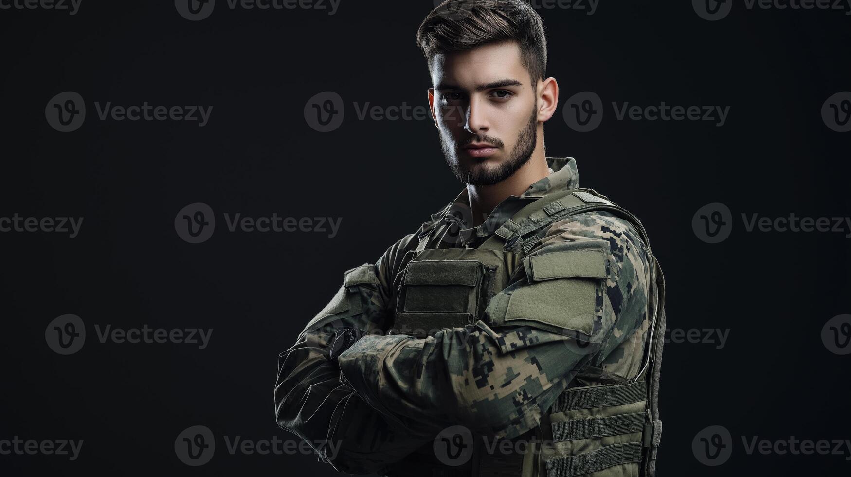 Confident Southern European Male Soldier in Camouflage Uniform with Arms Crossed for Military Recruitment, Concept of Strength and Unity photo