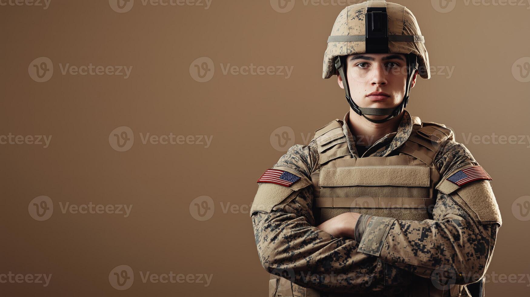 Confident Young Soldier in Military Uniform with Crossed Arms Representation of Strength and Patriotism Suitable for Posters, Cards, and Editorials photo