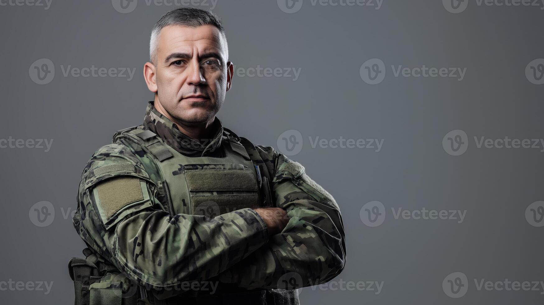 Confident MiddleAged Southern European Male Soldier in Camouflage Uniform for Military and Defense Concepts photo