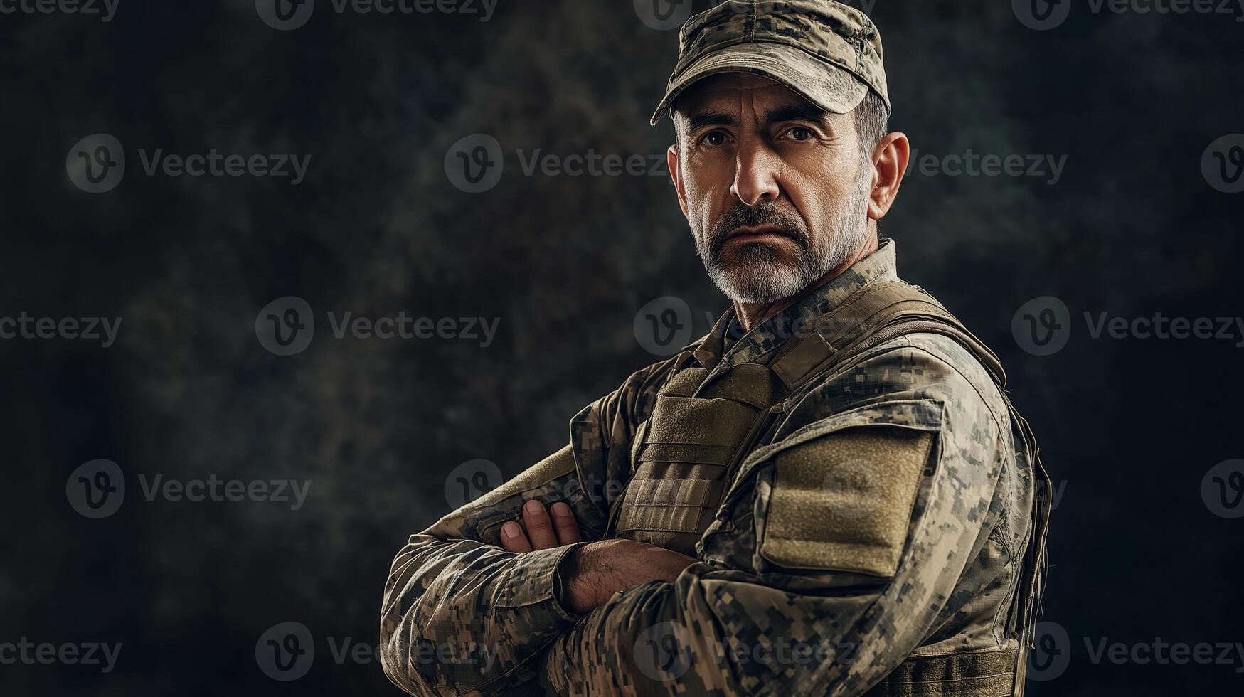 Confident MiddleAged Male Soldier in Military Uniform Posing Against Dark Background for Print and Poster Design photo