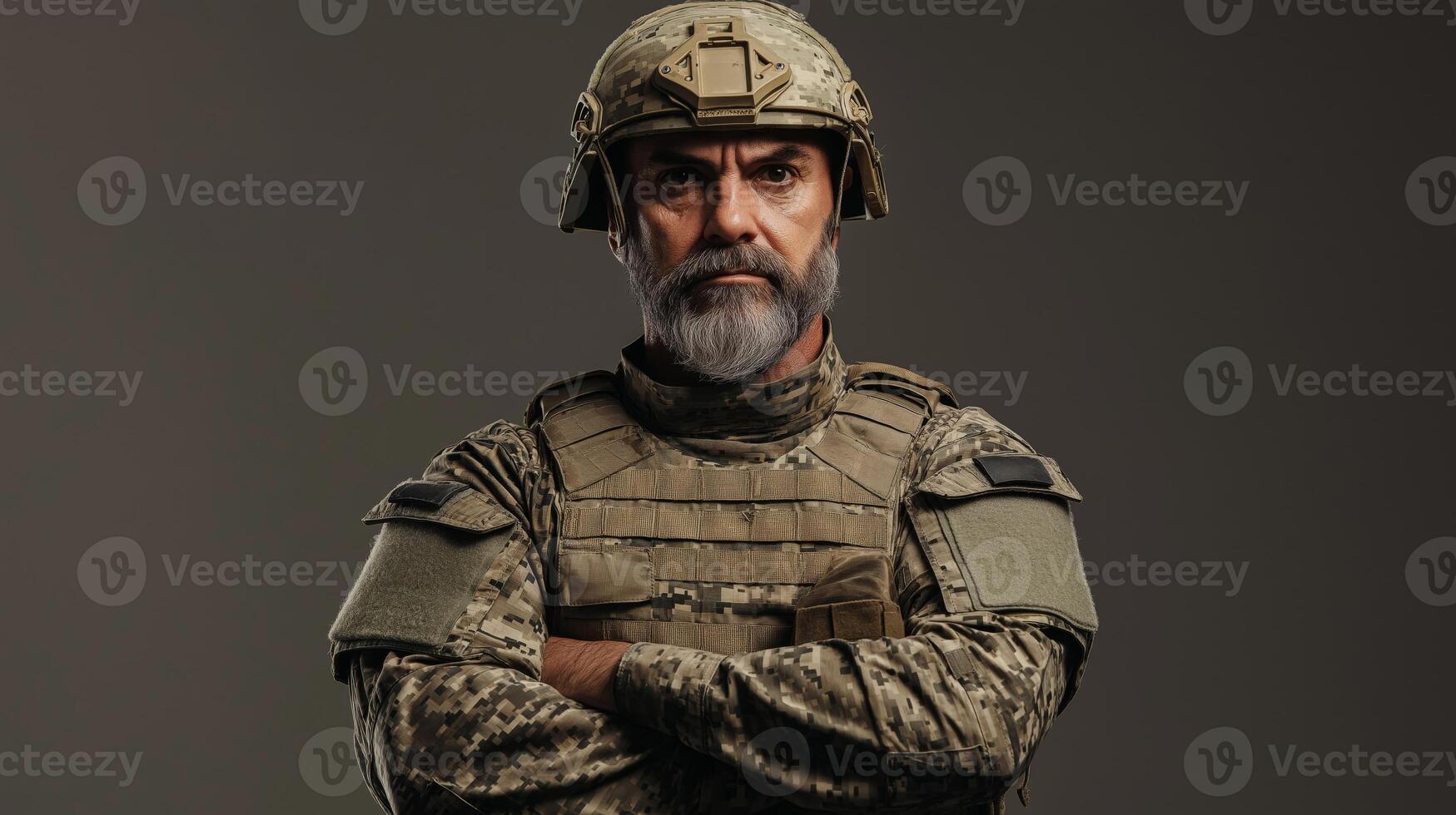 MiddleAged Male Soldier in Tactical Gear with Arms Crossed, Professional Military Portrait for Design Use photo