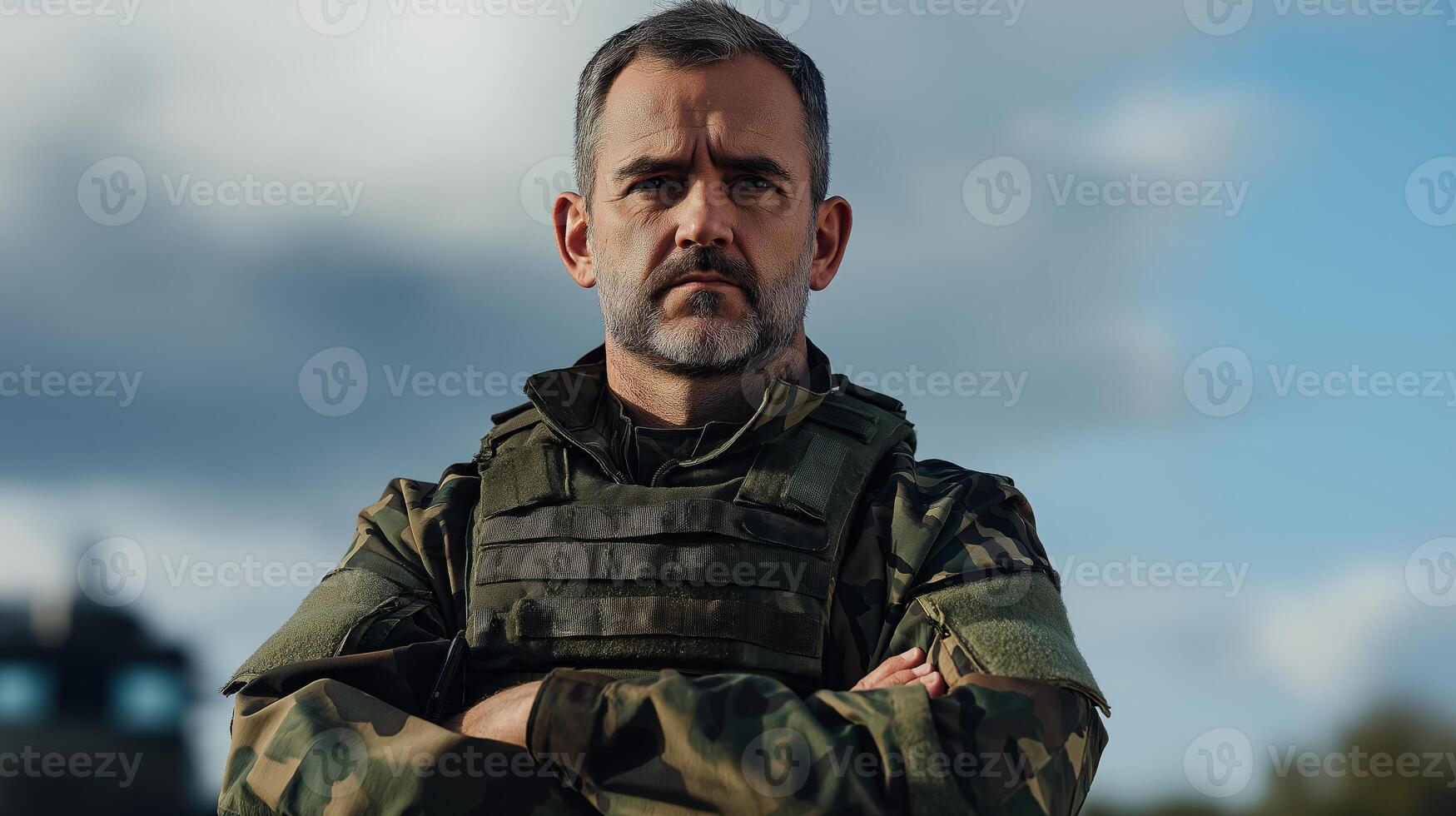 Western European Male Soldier in Camouflage Gear with Crossed Arms, Outdoor Setting, Cloudy Sky Background photo