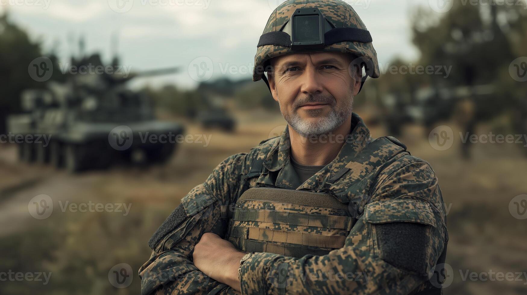 Middle Aged German Soldier in Camouflage Uniform with Crossed Arms Standing on Military Base with Tanks in Background photo